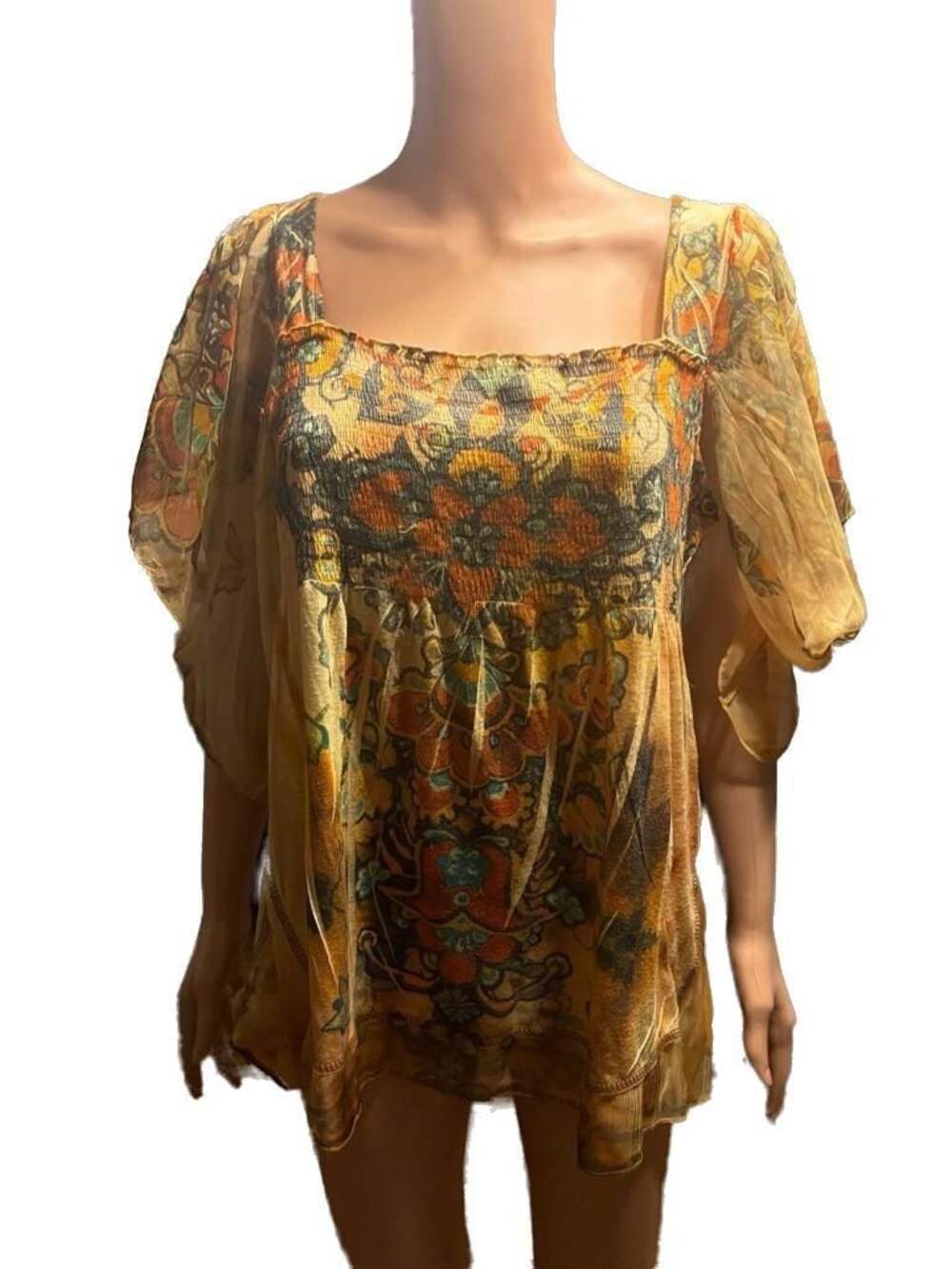 One World Boho Smocked Flutter Sleeve Tunic Blouse